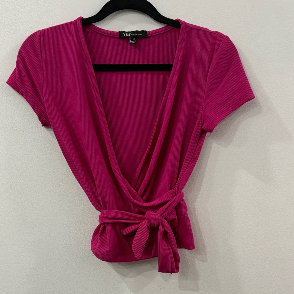 YMI Vibrant Ribbed Fuschia Wrap Top